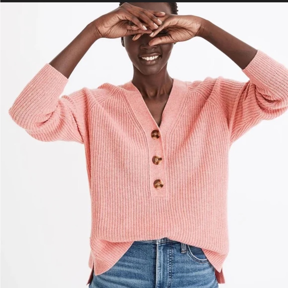 Madewell Pink Ribbed Lyle Henley Button Vneck Sweater Size S